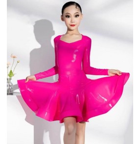 Girls kids fuchsia purple black competition latin ballroom dance dresses shiny latin ballroom stage performance costumes for kids